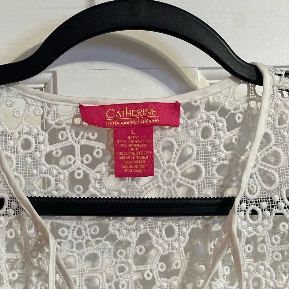 #70 CATHERINE MALANDRINO WHITE LACE YOKE BLOUSE BOHO PEASANT TOP SIZE LARGE - Picture 5 of 10